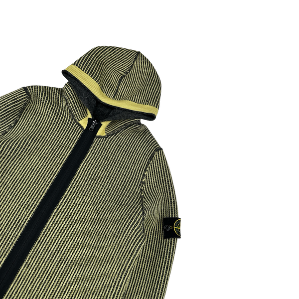 Stone Island Reversible Yellow/Grey Wool Contrast Ribbed Knit Hoodie - Medium