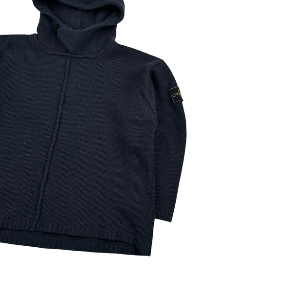 Stone Island 1996 Navy Hooded Wool Buttoned Knitted Jumper - Medium