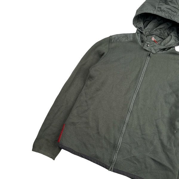 Prada Khaki Cotton Knitted Red Tab Zipped Hoodie - Large