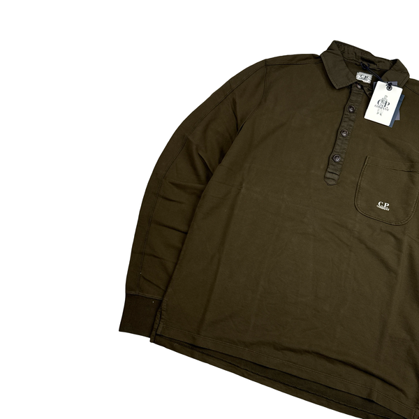CP Company Khaki Longsleeve Spellout Cotton Polo Shirt - Large