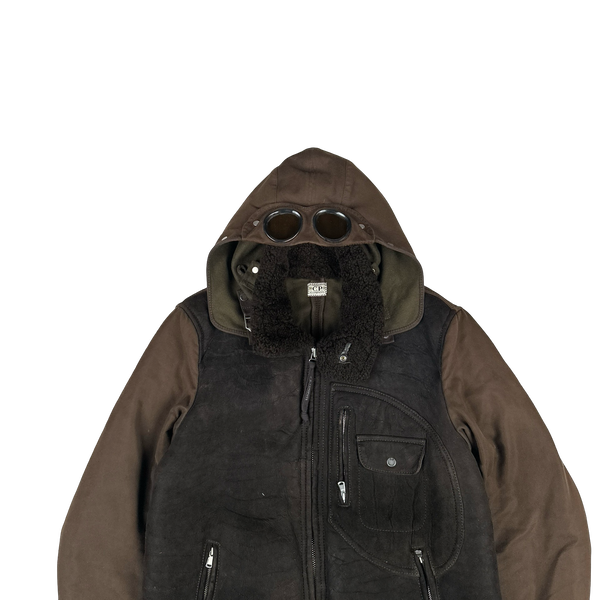 CP Company 2006 Dark Brown Multi Pocket Shearling Lined Goggle Jacket - XL