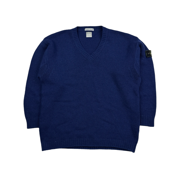 Stone Island 90s Blue Wool V-Neck Vintage Jumper - Large