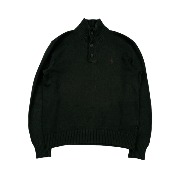 Ralph Lauren Dark Green Cotton Knit Quarter Button Jumper - Medium