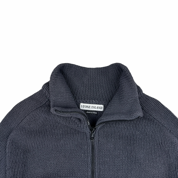 Stone Island Vintage Green Edge Grey Thick Knitted Cotton Jumper - Large