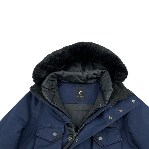 Ma Strum Navy Multi Pocket Long Quilted Fur Hood Trim Jacket - XS