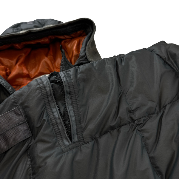 Stone Island 2007 Opaque Nylon Tela Spellout Hood Mesh Badge Long Puffer Jacket - 3XL