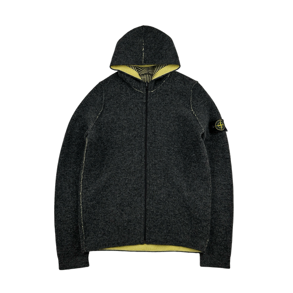 Stone Island Reversible Yellow/Grey Wool Contrast Ribbed Knit Hoodie - Medium