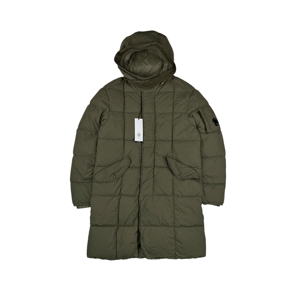 CP Company Khaki Flatt Nylon Down Filled Lens Viewer Long Puffer Jacket - Small