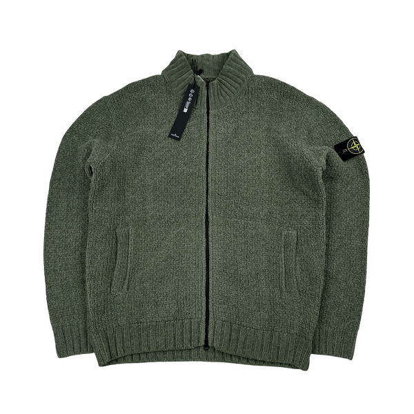 2000AW STONE  CHENILLE KNIT XL！ Stone Island 2025 Green Zipped Cotton Chenille Knit Jumper - Large