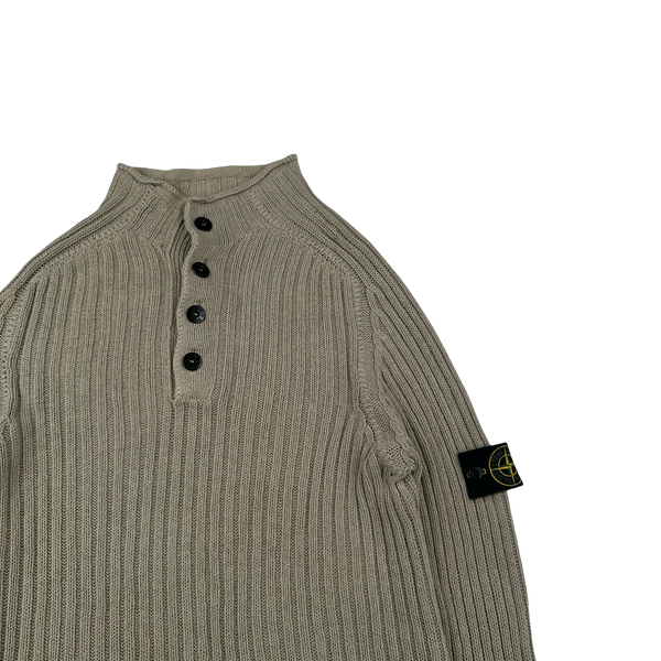 Stone Island 2004 Tan Quarter Button Cotton Knit Jumper - XL