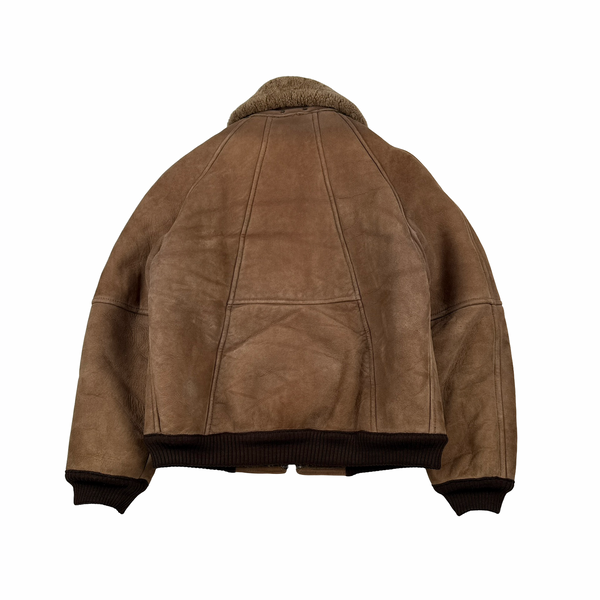 Vintage Beige Leather Lined Shearling Collar Bomber Jacket - Medium