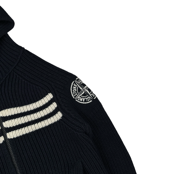 Stone Island 2005 Navy Heavyweight Wool Knit Spellout Hooded Cardigan - Large