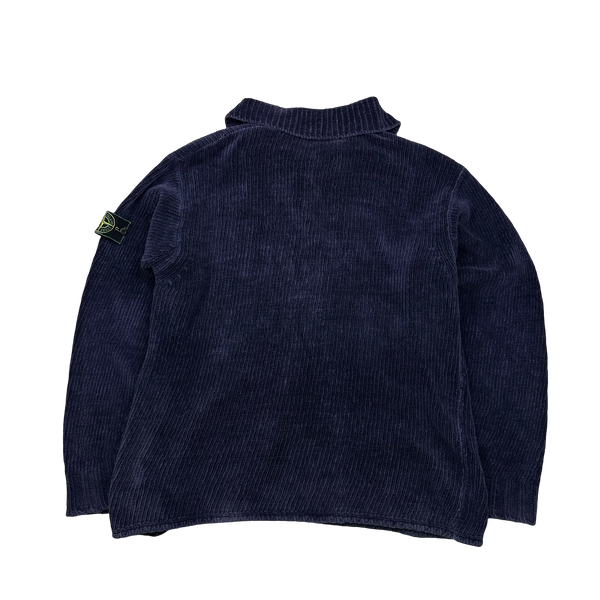 Stone Island 1998 Navy Vintage Cotton Chenille Knit Collared Jumper - XL