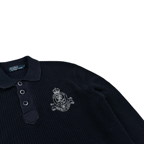 Ralph Lauren Navy Cotton Knit Quarter Button Embroidered Crest Jumper - Medium