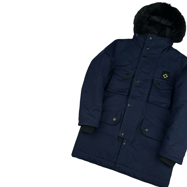 Ma Strum Navy Multi Pocket Long Quilted Fur Hood Trim Jacket - XS