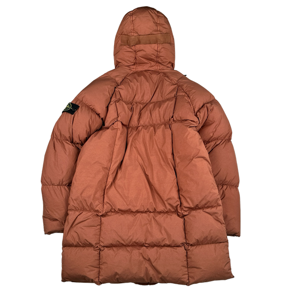 Stone Island 2019 Salmon Garment Dyed Crinkle Reps Long Puffer Jacket - Medium
