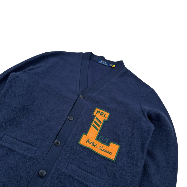 Ralph Lauren Polo Navy Buttoned Varsity Letterman Fleece Cardigan - Large