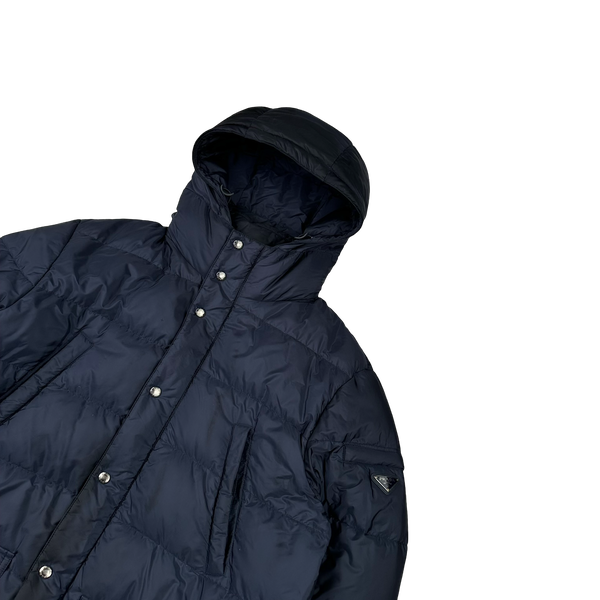 Prada Navy Triangle Logo Plaque Zipped Puffer Jacket - XXL
