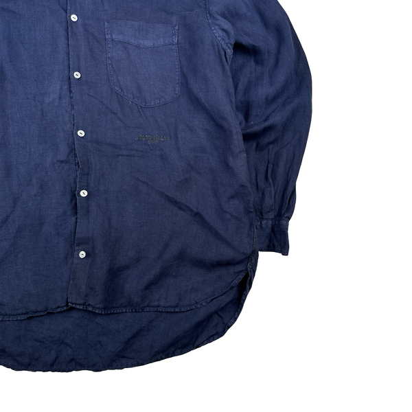 Stone Island Early 2000’s Navy Linen Spellout Buttoned Shirt - XXL