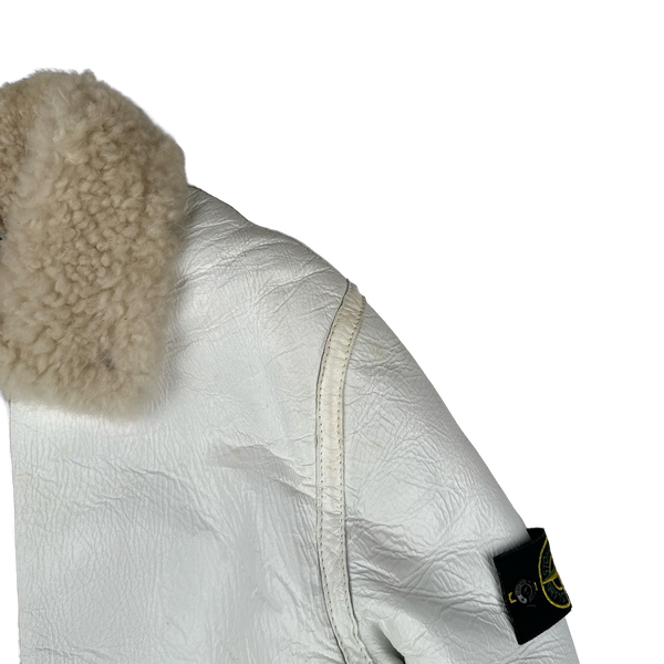 Stone Island 2005 White Hand Painted Lambskin Leather Thick Shearling Jacket - Medium
