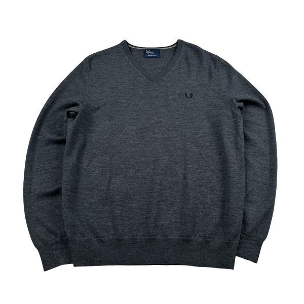 Fred Perry Charcoal Wool V Neck Knit - Large