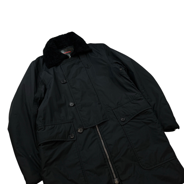 Prada Black Nylon Blend Sherpa Fleece Long Jacket- Medium