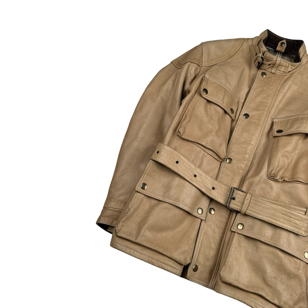 Belstaff Light Brown Multi Pocket Field Leather Zipped Heavyweight Jacket - Small