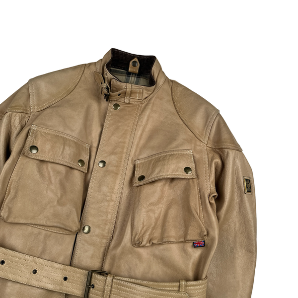 Belstaff Light Brown Multi Pocket Field Leather Zipped Heavyweight Jacket - Small