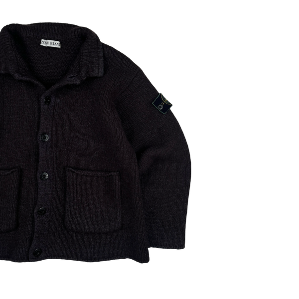 Stone Island Vintage Knitted Green Edge Buttoned Front Pocket Jumper - Small