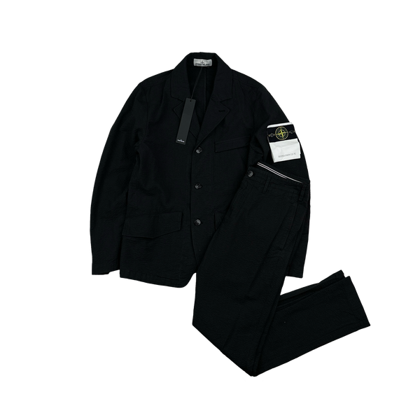 Stone Island 2019 Black Seesucker CO-TC Blazer Trousers Suit Set -  Small