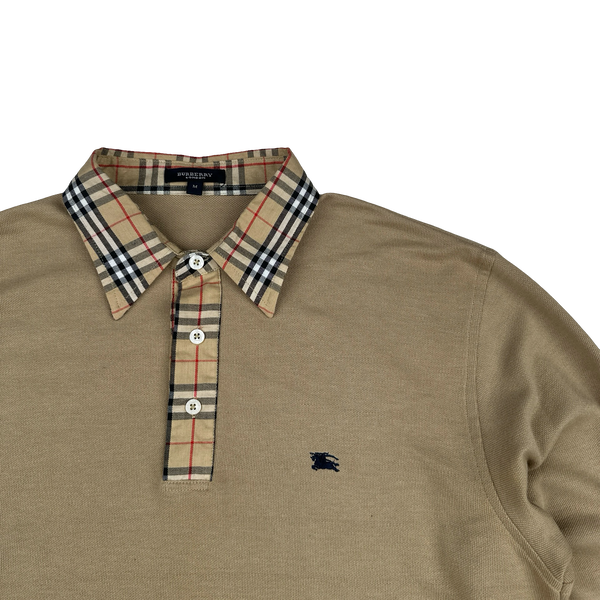 Burberry Nova Check Collared Cotton Long Sleeve Polo Shirt - Medium