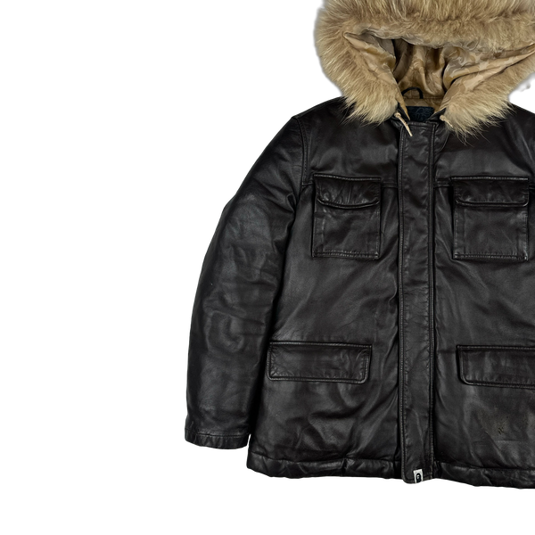 BAPE Nigo Era Brown Heavyweight Leather Fur Hooded Down Filled Jacket - Small