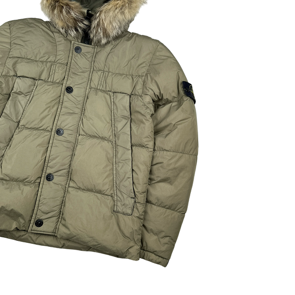 Stone Island 2015 Fur Trim Brown Crinkle Reps Puffer Jacket - Large