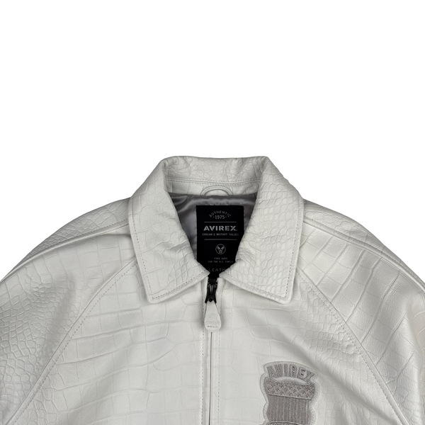Avirex White Leather Spell Out Bomber Jacket - Medium