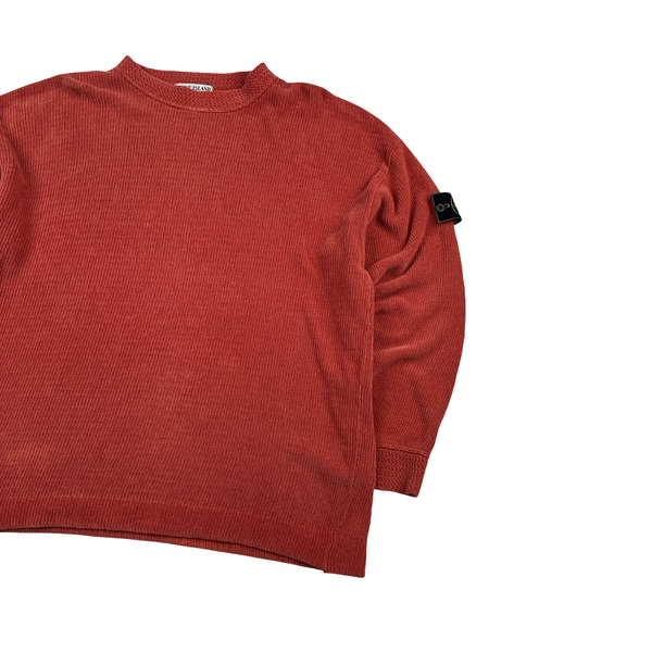Stone Island 1992 Salmon Pink Knitted Chenille Green Edge Crewneck Pullover - XL