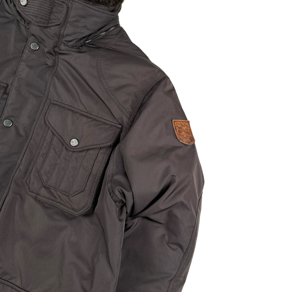 Ralph Lauren Brown Shearling Collar Quilted Multi Pocket Hooded Down Jacket - Medium