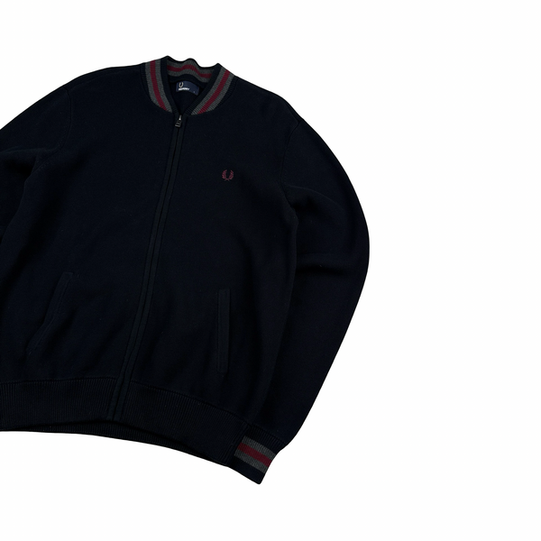 Fred Perry Black Zipped Burgundy Collared Knit Jumper - Large