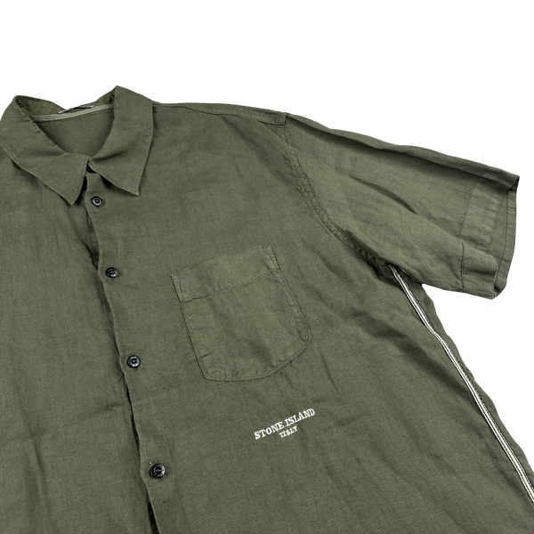 Stone Island 2004 Khaki Lino Flax Spellout Short Sleeve Shirt - XXL