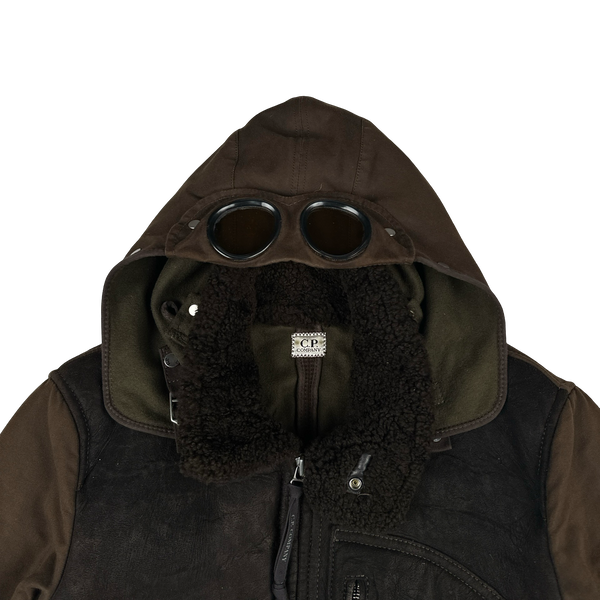 CP Company 2006 Dark Brown Multi Pocket Shearling Lined Goggle Jacket - XL