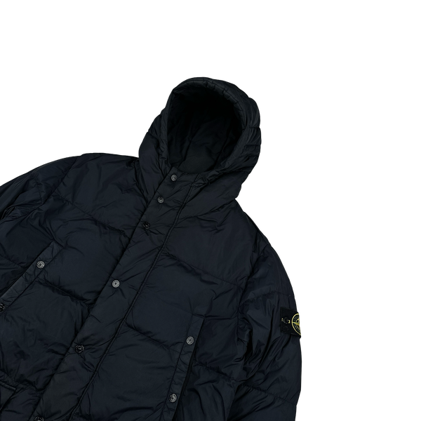 Stone Island Navy Crinkle Reps Down Longline Puffer Jacket - Large