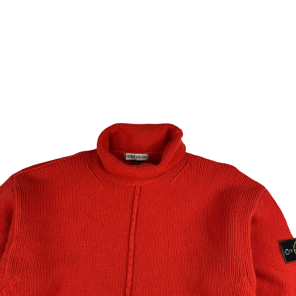 Stone Island 1997 Red Knitted Wool Vintage Roll Neck Jumper - Large