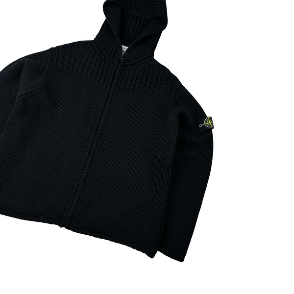 Stone Island AW/2001 Vintage Knitted Zipped Black Hooded Jumper - XXL