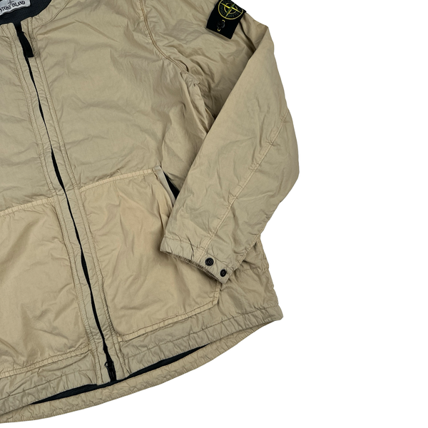 Stone Island Beige Garment Dyed Spellout Collarless Zip Up Jacket  - Large