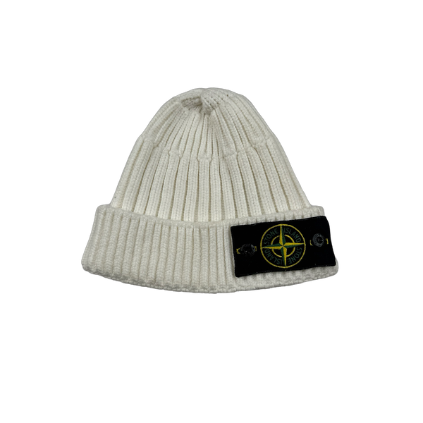 Stone Island White Ribbed Wool Badge Beanie