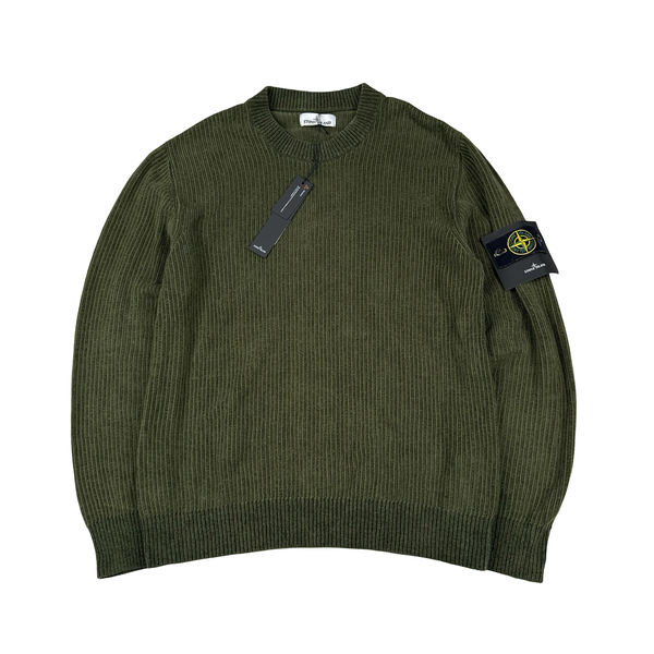 Stone Island 2021 Green Ribbed Wool Crewneck - Large