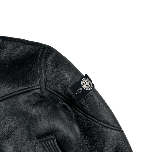 Stone Island 2021 Black Leather Shearling Special Process Jacket - Age 10