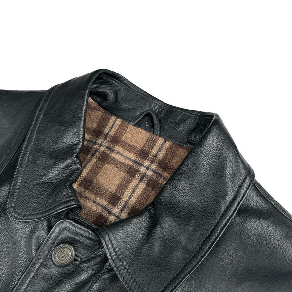 Black Heavyweight Plaid Lined Leather Jacket - Large
