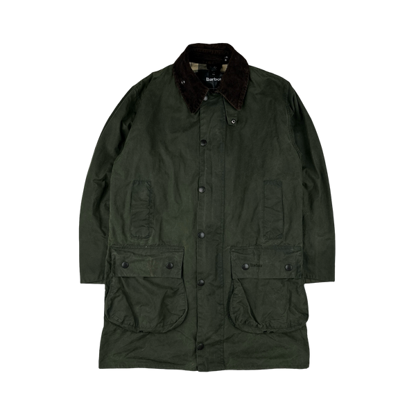 Barbour Border Green Cotton Flannel Lined Corduroy Collar Wax Jacket - Large