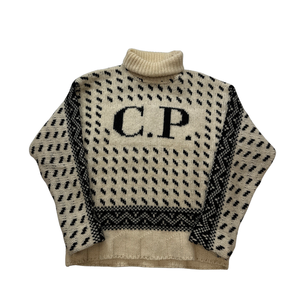 CP Company Cream 80 s Vintage Spellout Wool Pullover Knit Medium