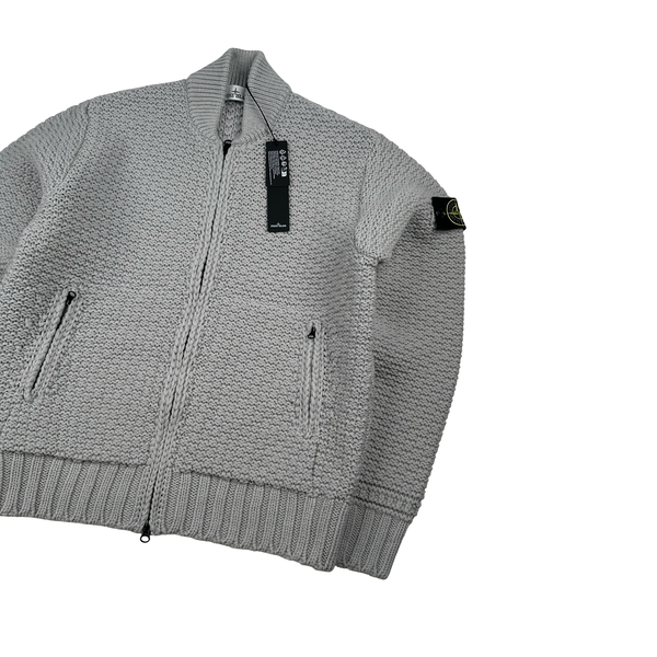 Stone Island 2025 Grey Zipped Wool Organic Chenille Knit Jumper